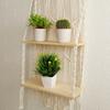 Bohemian Style Hand-Woven Wall Hanging Tapestry Wood Shelf Planter Basket 2 Tier Hanging Rack Art Wall Shelves Macrame