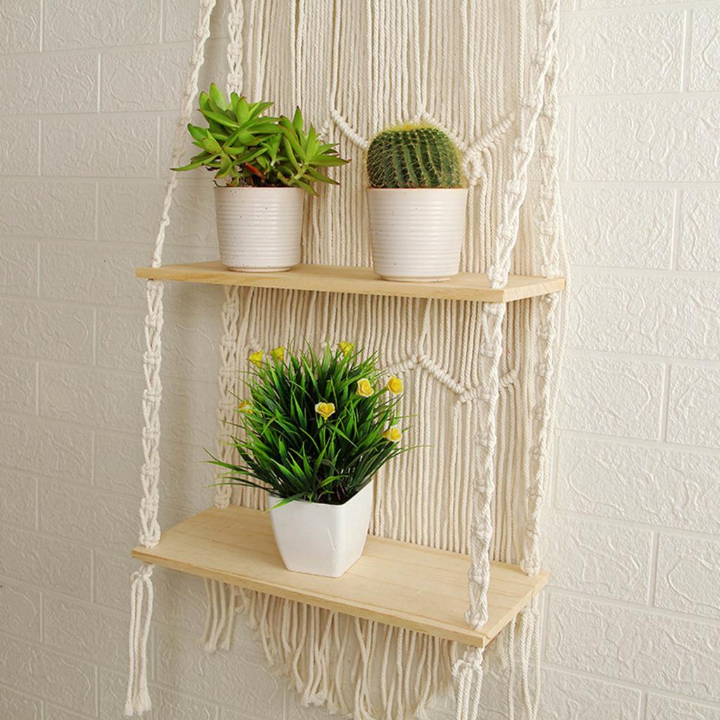 Bohemian Style Hand-Woven Wall Hanging Tapestry Wood Shelf Planter Basket 2 Tier Hanging Rack Art Wall Shelves Macrame