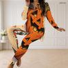 Women Plus Size Fall Pumpkin Printed Front Zip Long Sleeve Longline Top Fitted Pants Two Piece Set