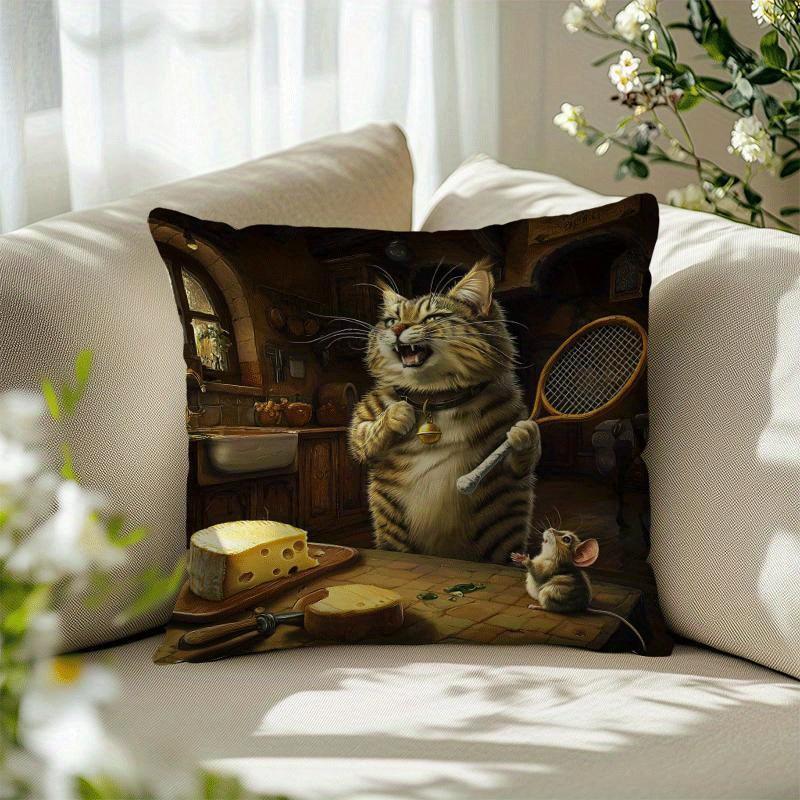 4Pcs Funny Tennis Cat & Mouse Kitchen Throw Pillow Covers, Humorous Tabby Cat With Tennis Racket Cheese Print Cushion Cases