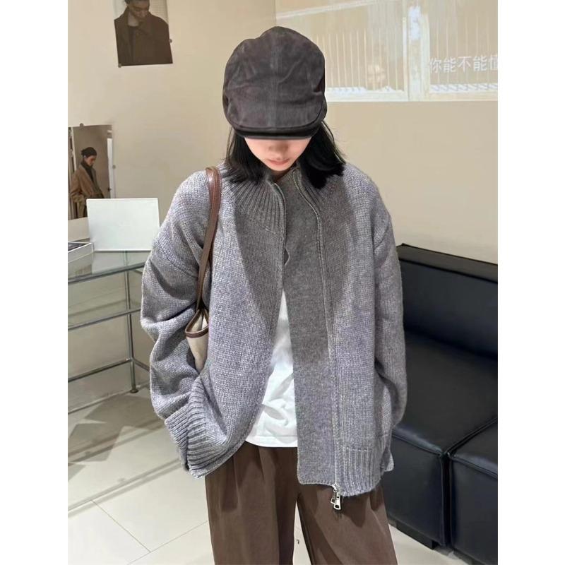 Autumn and Winter New Stand-up Collar Zipper Sweater Jacket Women's Fashion Simple Loose Knitted Cardigan Top