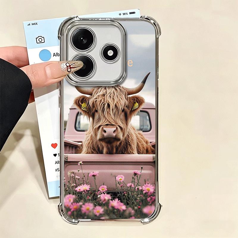 Cute Highland Cow Plating Phone Case For Xiaomi Redmi Note 14 15 Pro Plus 13 12 11 11S 11T 10 9S 9 5G Anti-Fall Airabag Cover