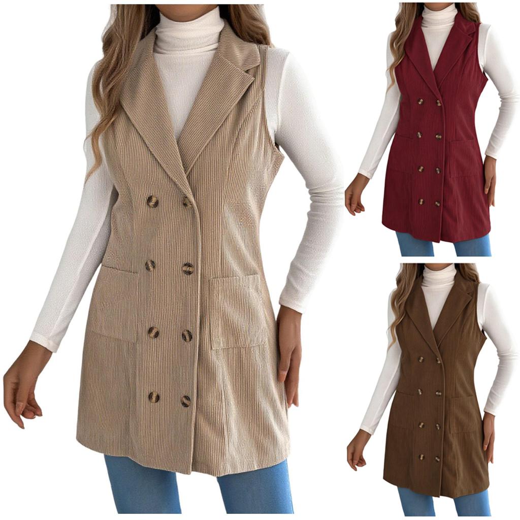 Women's Fashionable Solid Color Sleeveless Button Pocket Vest Jacket