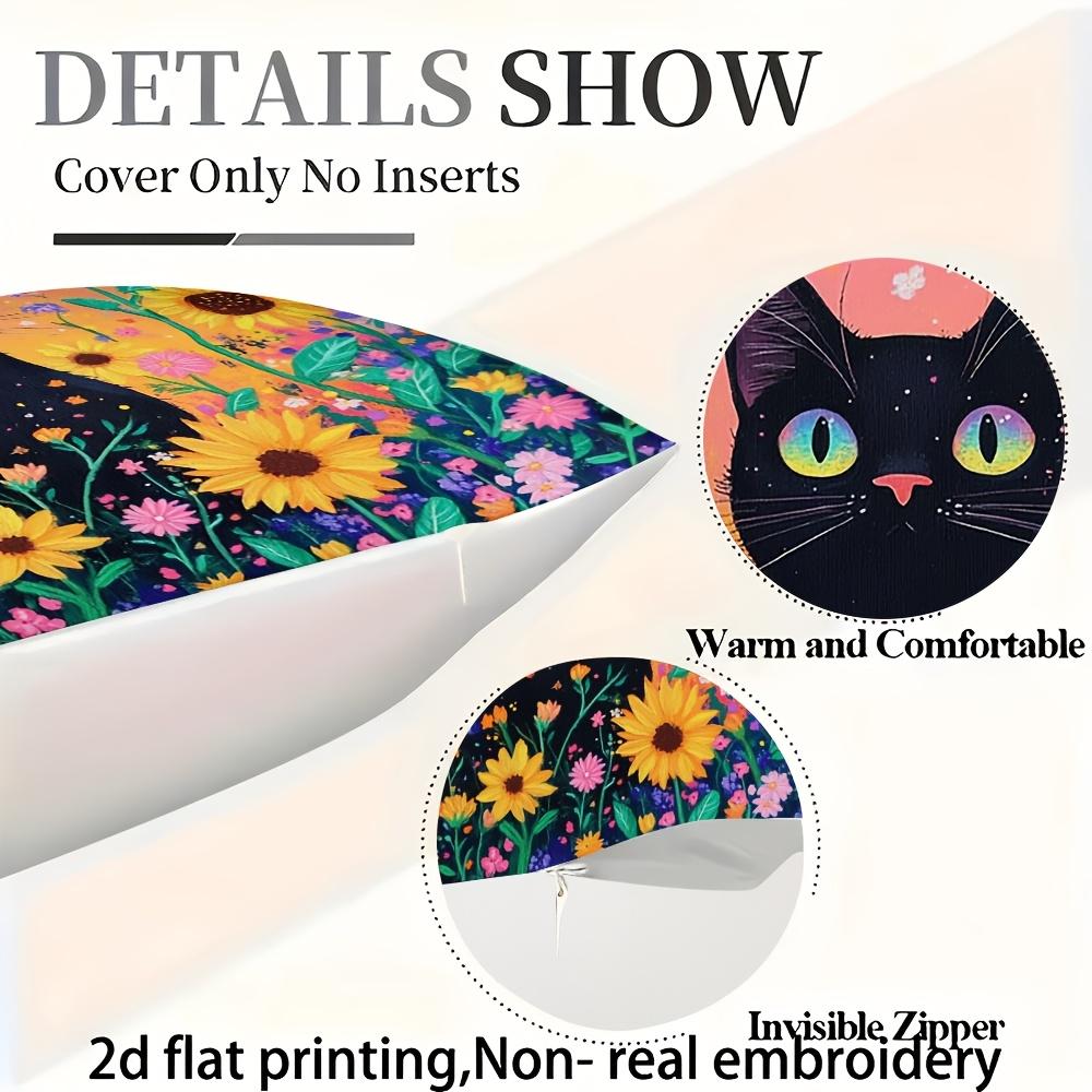 Black Kitten With Floral Pattern Single-Sided Digital Printing Pillow Cover Short Plush Suitable Living Rooms Bedrooms Sofas