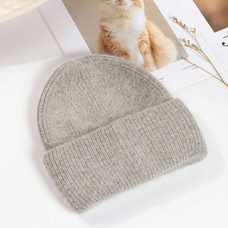 Winter Hats Woman Soft Knit Beanie Warm Rabbit Fur Hat Solid Color Slouchy Cap Casual Outdoor Fashion Solid Adult Cover Head