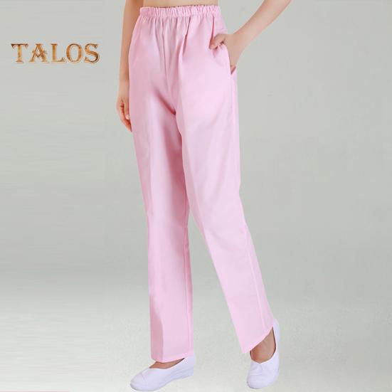 Letnie spodnie pielęgniarskie Średni stan, elastyczny pas, szerokie nogawki, długie spodnie, Jednokolorowe kieszenie, Damskie spodnie robocze