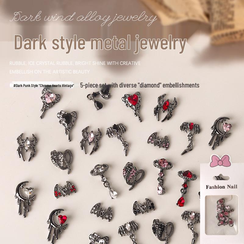

Dark Skull Retro Chrome Hearts & Angel Spider Nail Accessories - 5 Pieces
