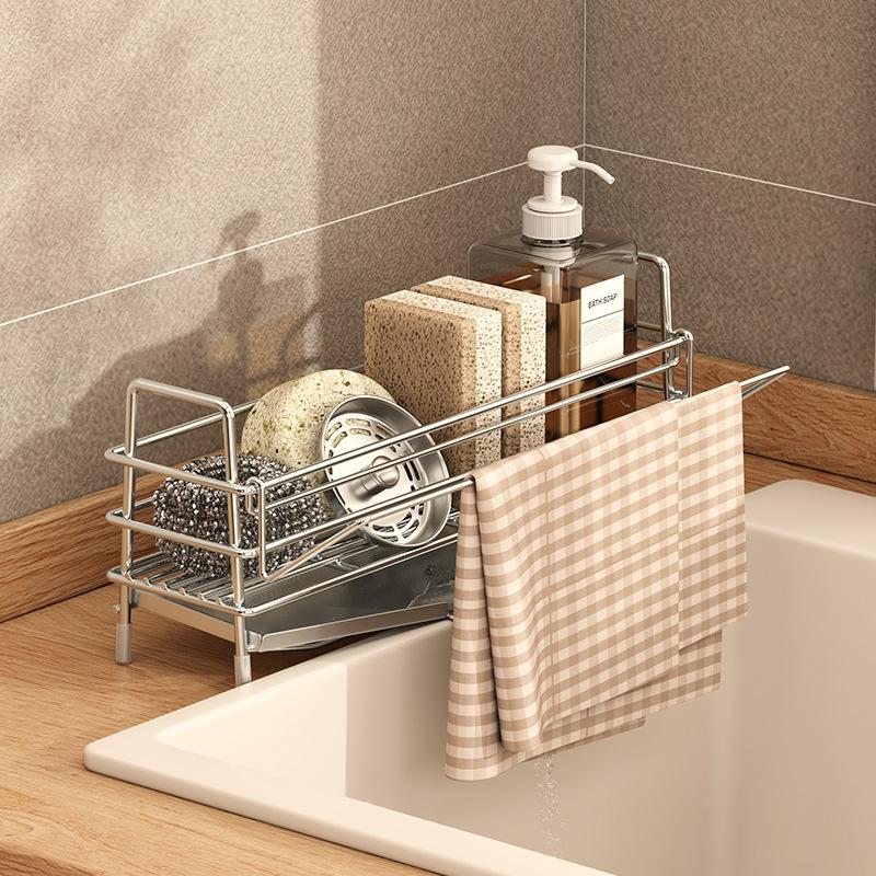 304 Stainless Steel Kitchen Rag Holder Sink Side Sponge Drainage Rack Drying Rag Organizer