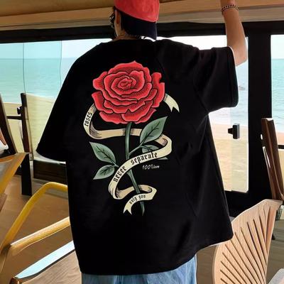 Atmungsaktives T-Shirt aus Baumwolle mit rotem Rosendruck für Herren und Damen, übergroß, lässig, locker, kurzärmelig