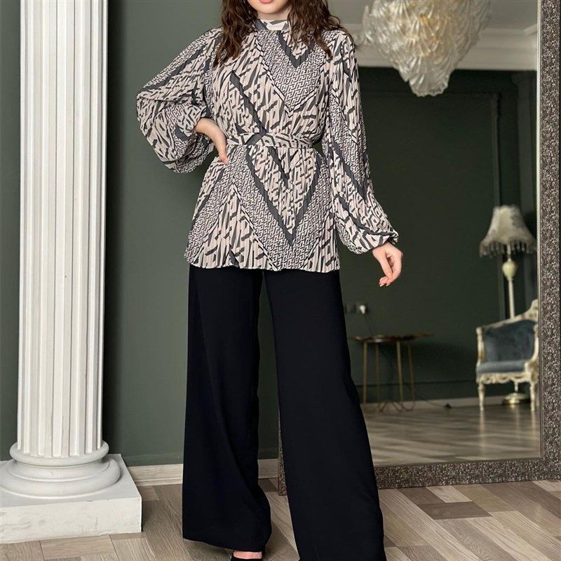 

Bubble Sleeve Lace Up Shirt High Waist Wide Leg Trouser Set Gray black crimped Suit 2XL(XXL)