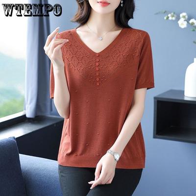 Fashionable Mom's Loose Knitted T-shirt Top Summer Thin Size Large Women's V-neck Knitted Small Shirt