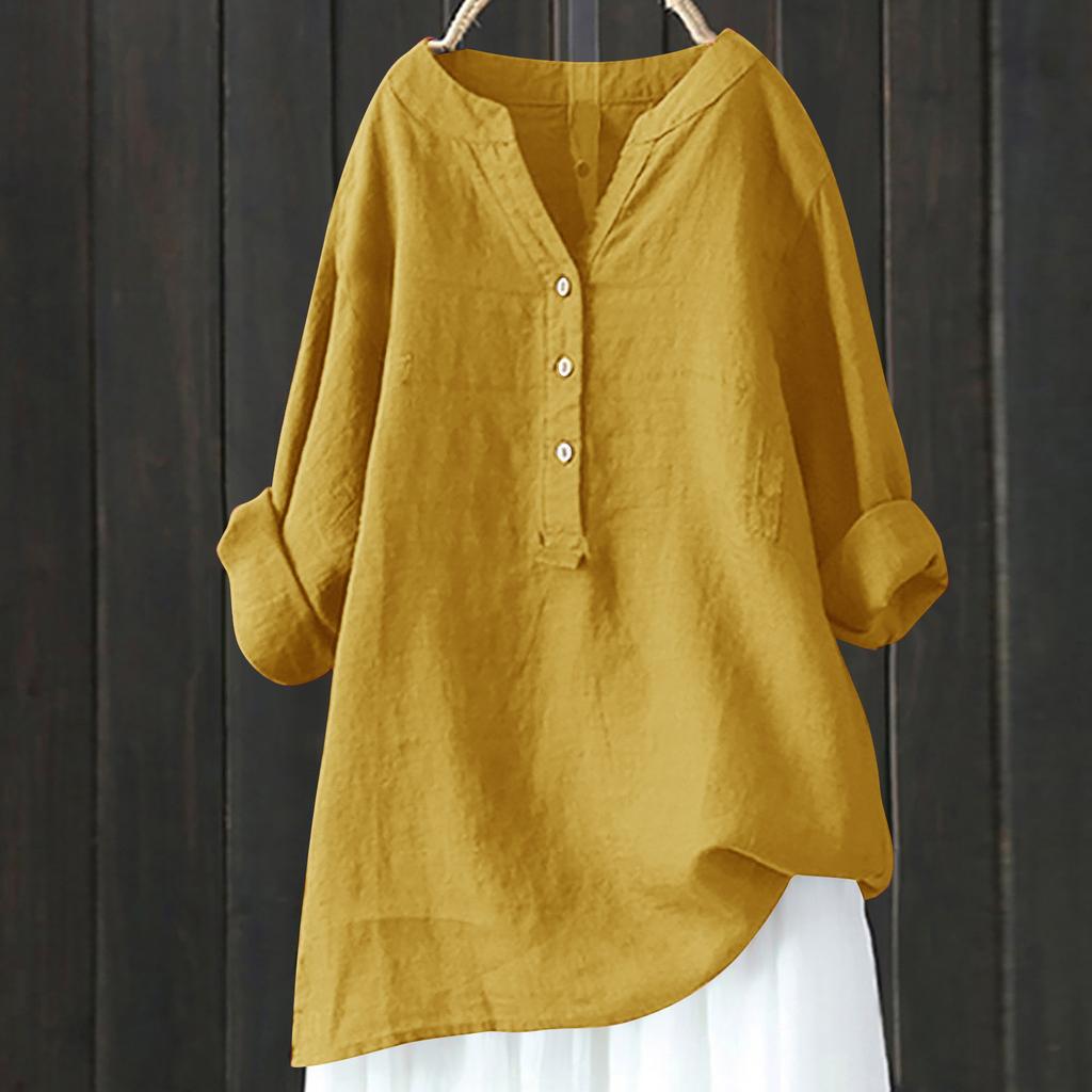 Camicia estiva taglie forti tinta unita casual in cotone e lino, camicetta vintage con tasca, abbigliamento da donna