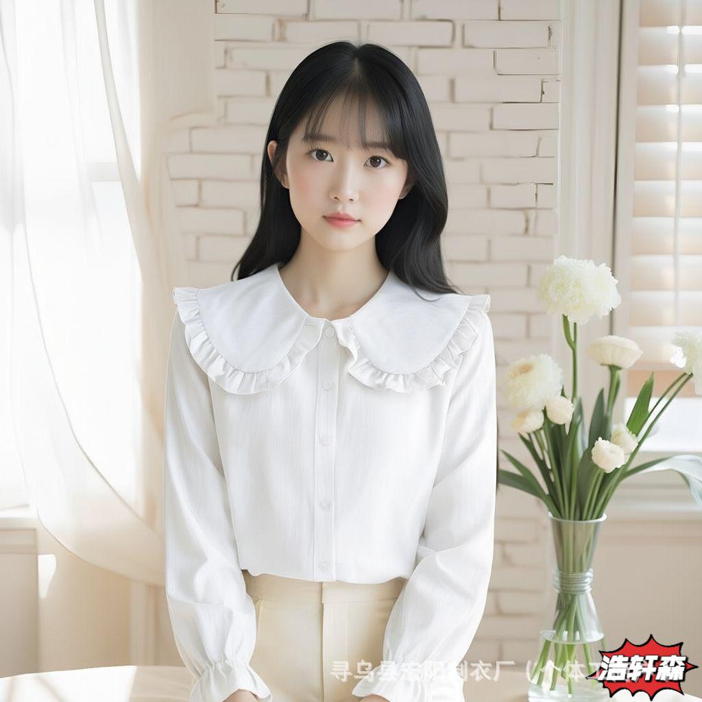 Wine Red Loose Fit Doll Collar Shirt - Korean Style Long Sleeve for Women, Cute and Sweet Spring Top.
