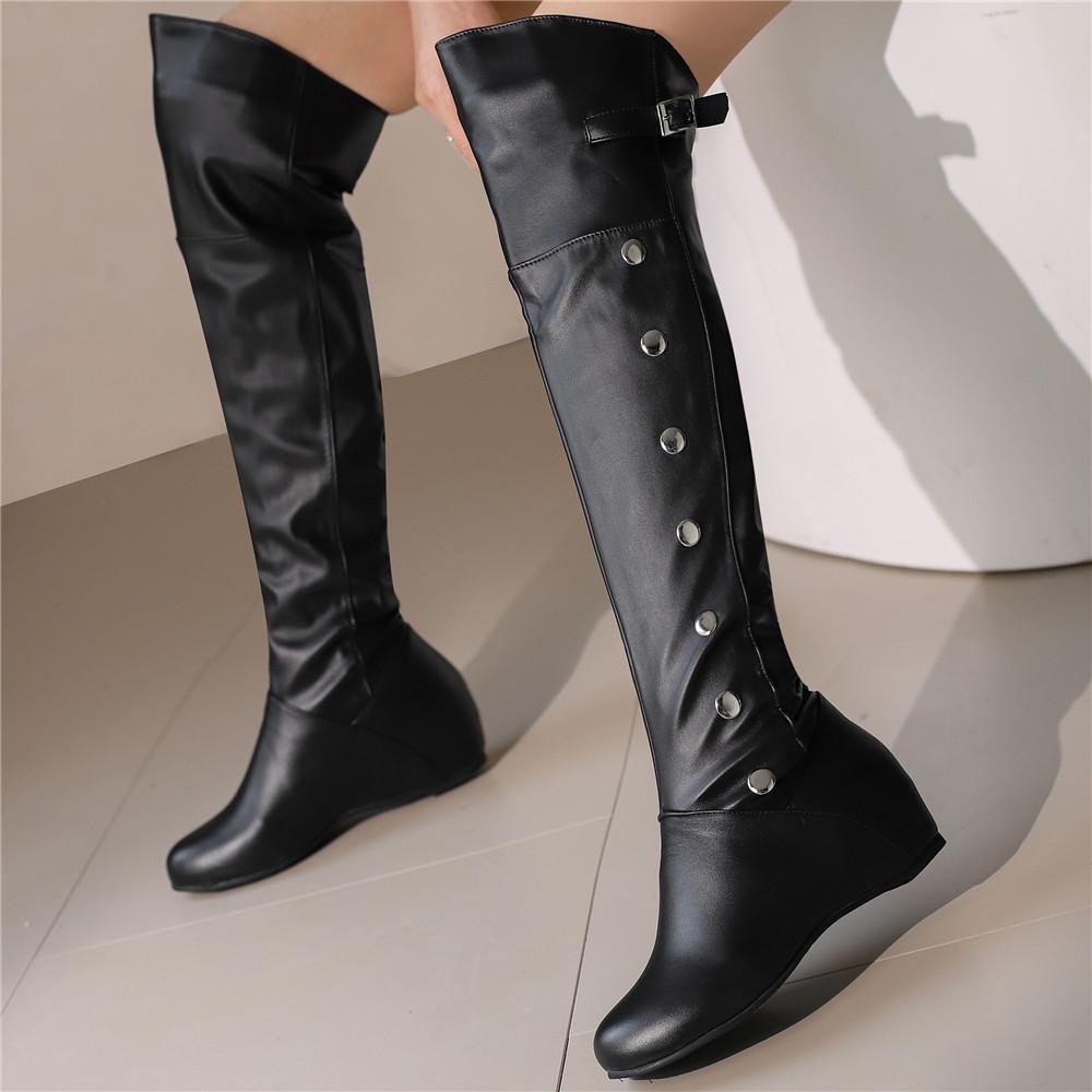 Women Boots  Winter New Fashion Casual Over-The-High Boots Round Toe Buckle Plus Size 34-43Lady Shoes Rivet Metal Decoration