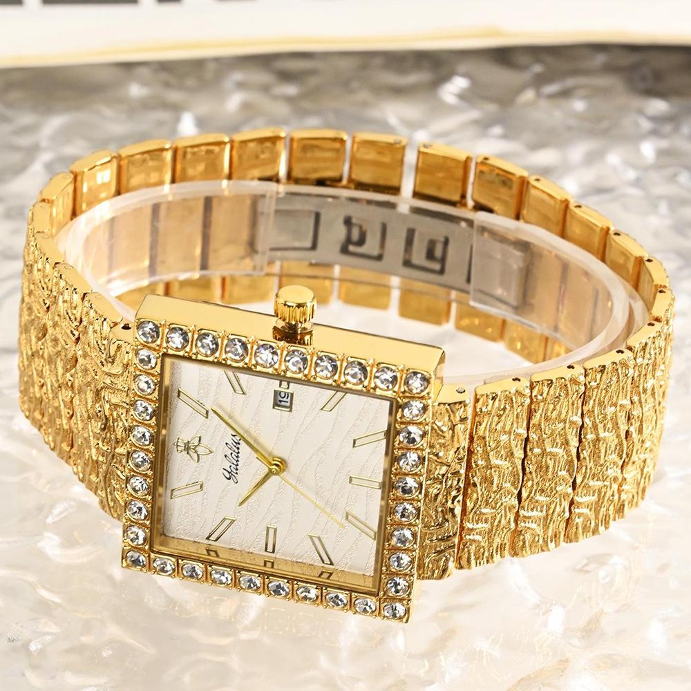 Luxury Square Quartz Watch Crystal Bezel Textured Dial Vintage Carved Metal Bracelet Waterproof Daily Dress Watch for Men Women Couple Matching Watch