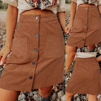 Ladies Solid Color Corduroy Pocket High Waist Versatile Single Breasted Skirt