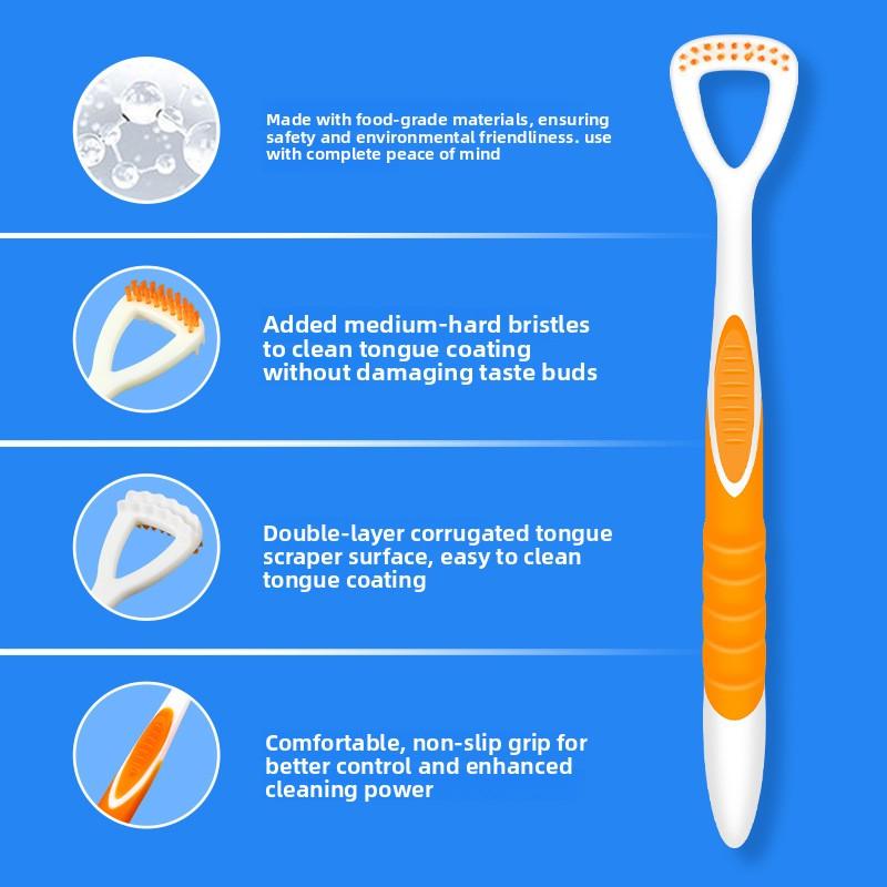 Tongue Coating Cleaner with Bristled Hard Scraper for Scraping The Tongue. Single Unit, Self-contained, Plastic Packaging for Scraping The Tongue.