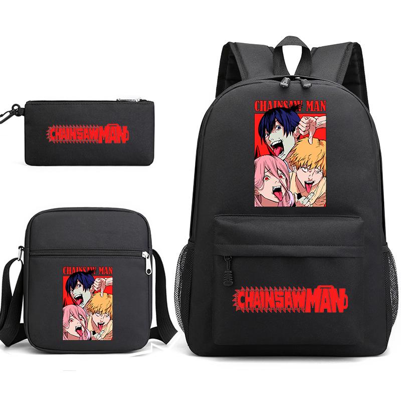 Chainsaw Man Print Student Backpack Set with Crossbody Bag and Pencil Pouch for Boys Girls Daily Use