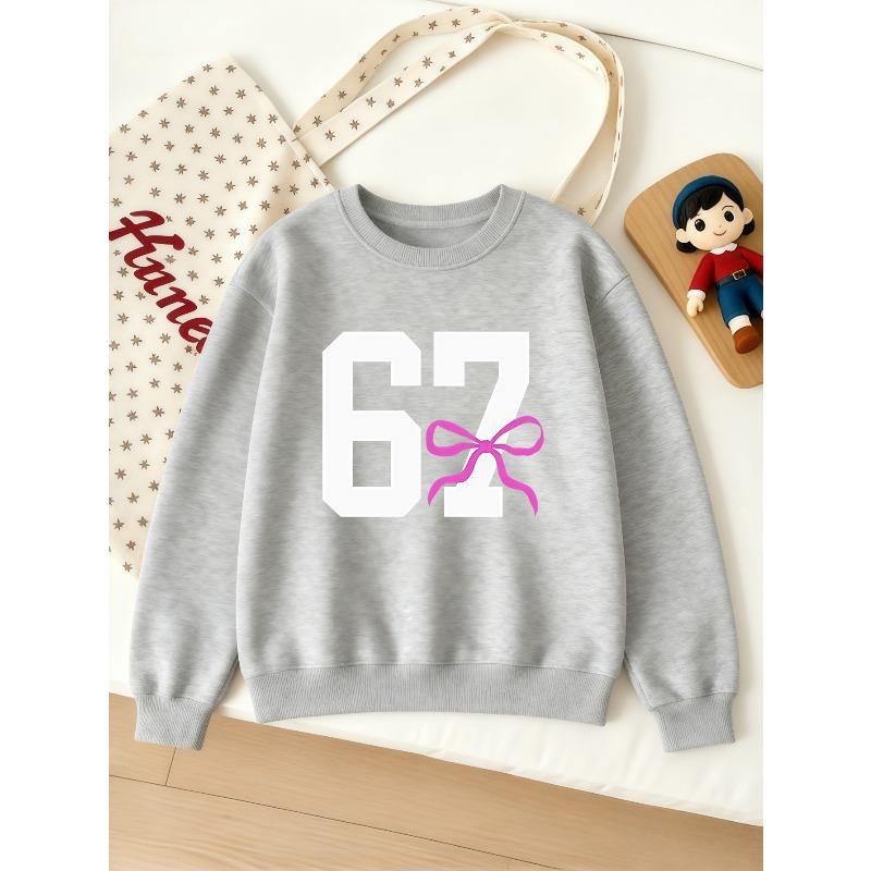 Kids Unisex Crewneck Sweatshirt, White Varsity 67 Number With Pink Bow Print Long Sleeve Pullover, Soft Sweatshirt for Boys Girls Over 4 Years Old