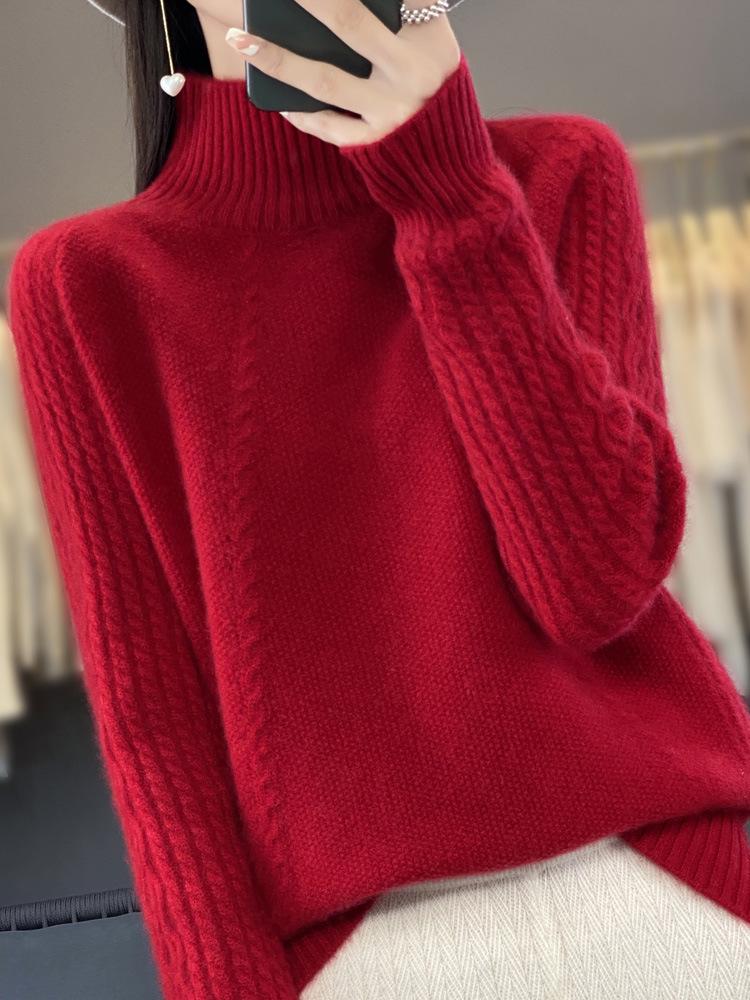 Women's 100% Pure Wool Half-High Collar Knit Sweater for Autumn and Winter