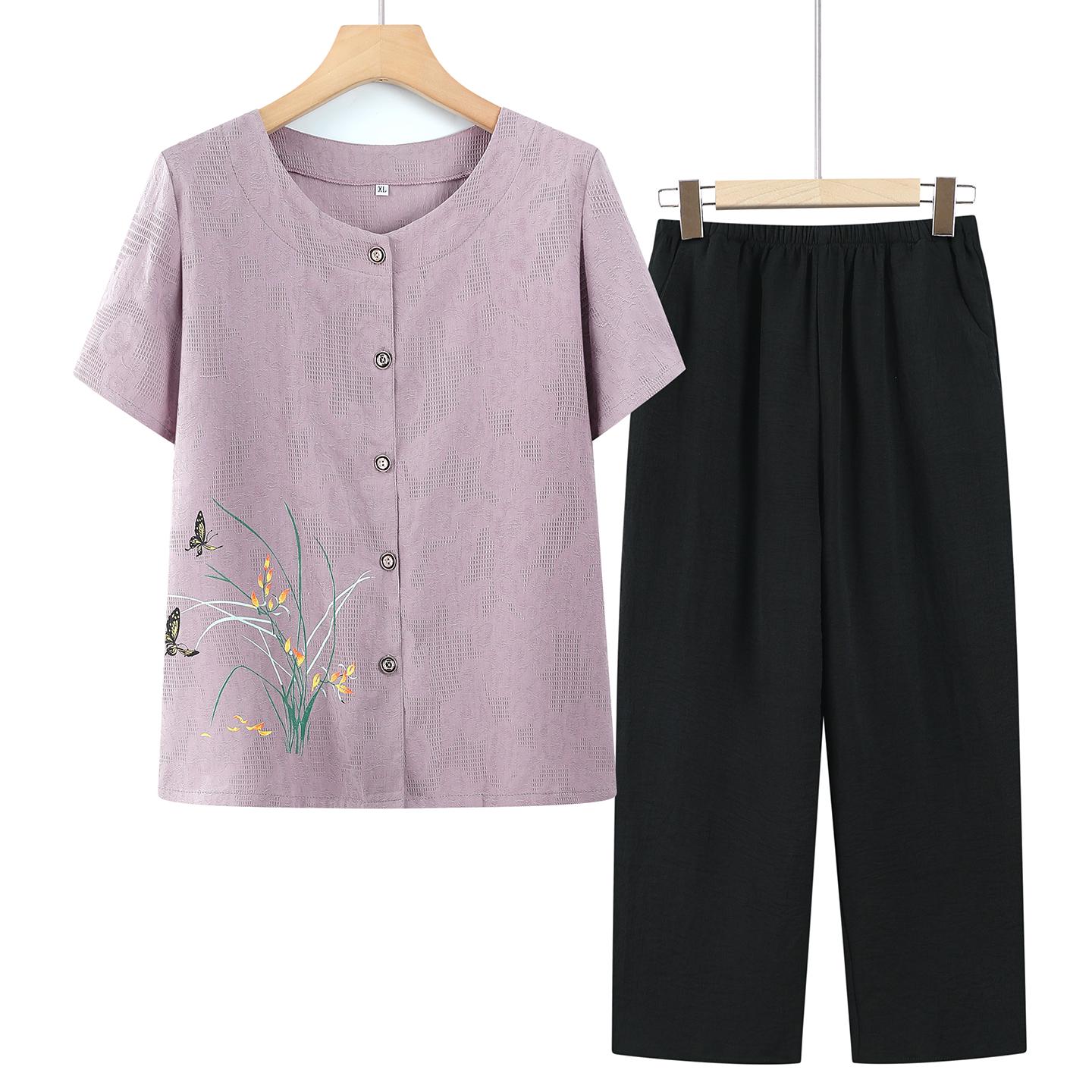 

Summer Short-Sleeve Set: Grandma Style Cardigan & Top for Middle-Aged and Elderly Women XL (Recommended 80-105 jin)