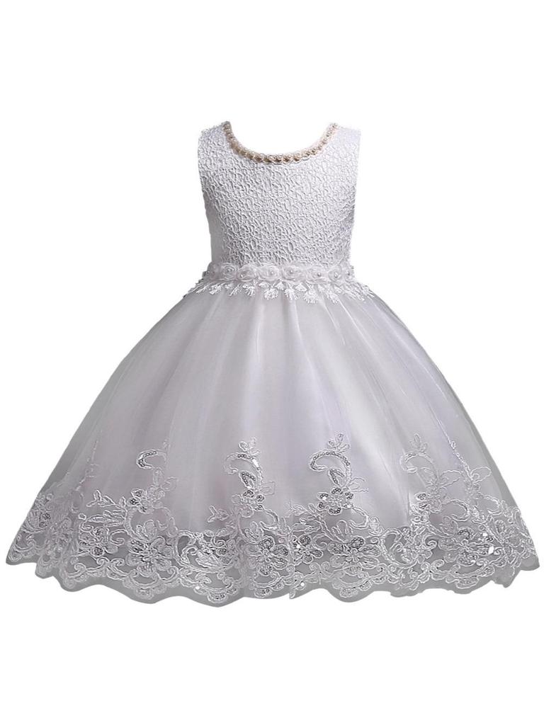 Vit ärmlös prinsessklänning med pärlor och puffig tyllkjol för småbarn 981