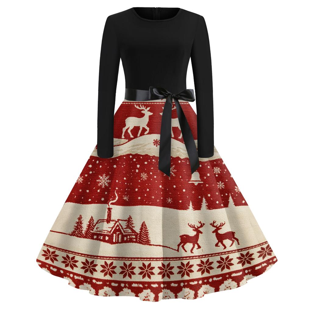 Women's Vintage Christmas Print Long Sleeve Round Neck Party Dress for Holiday Parties