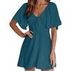 European And American Style Ladies V-neck Bow Tie Short-sleeved Mini Dress Solid Color Waist Loose Casual Long Skirt