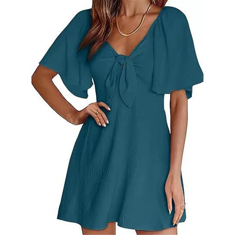 European And American Style Ladies V-neck Bow Tie Short-sleeved Mini Dress Solid Color Waist Loose Casual Long Skirt