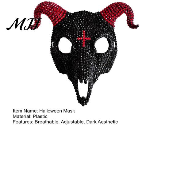 Full Face Rhinestone Mask Halloween Mask, Black White Skull Ram Horn Sparkling Masquerade Sparkly Crystal Glitter Party for Adults