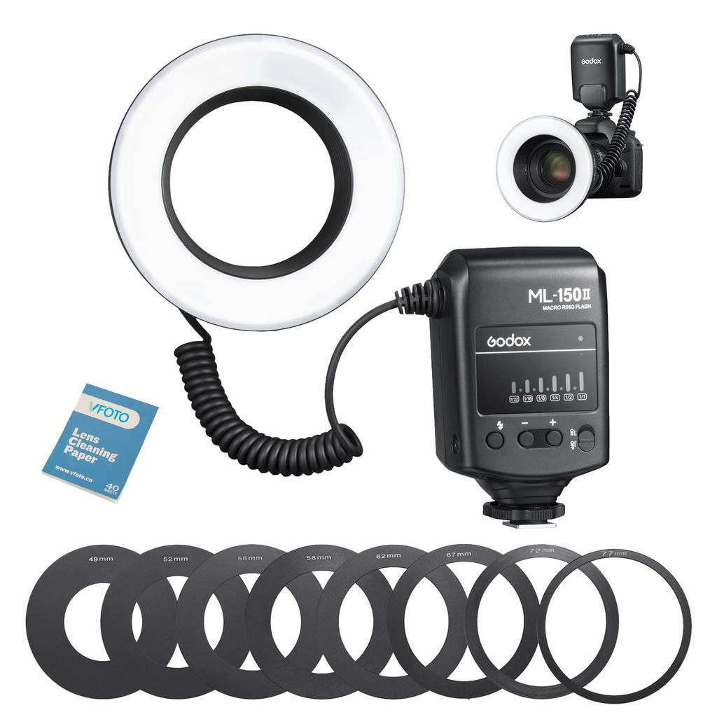 Godox Makro-Ringblitz Recycle 5800K Speedlite mit 8 Objektivadaptern Kompatibel mit und Panasonic ML-150II Blitz, Leitzahl 12, 0,1-2s Zeit, Ringe, Nikon, Sony,