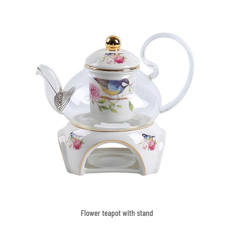 

English Afternoon Tea Set: Boiled Fruit Glass Teapot, Bone China Coffee Cup & Saucer, Candle Warmer, Flower Tea Cup.