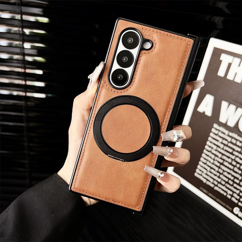 Leather Rotating Bracket Case for Samsung Galaxy Z Fold 6 4 3 ZFold Fold6 Magnetic Stand Holder Shockproof Cover