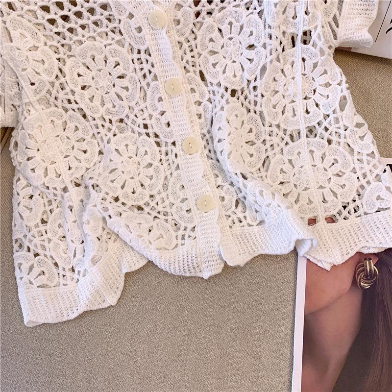 Women's French V-Neck Crochet Knit Cardigan - Chic Summer Fashion, Slimming Loose Fit, Versatile Top