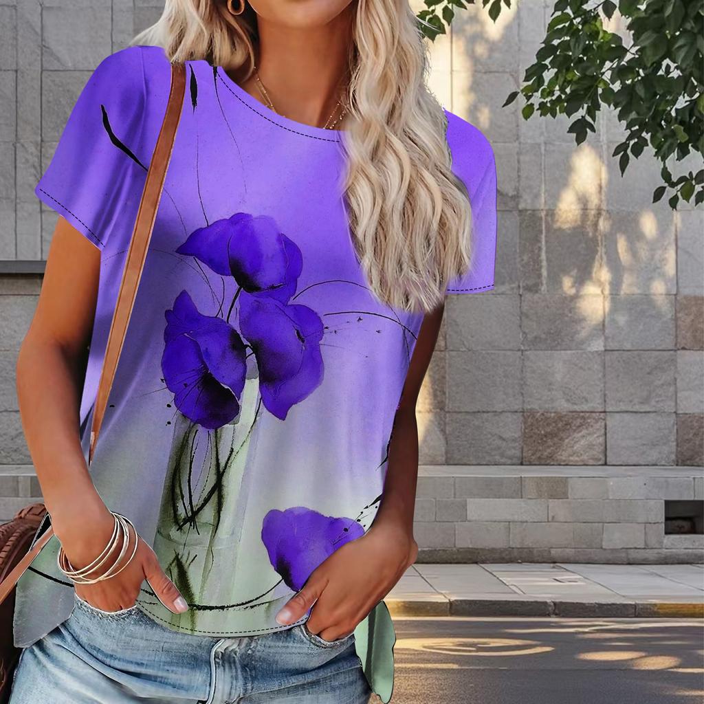 Damen Sommer T-Shirt Blumendruck Retro Mode Kurzarm T-Shirts Casual Printed Tops