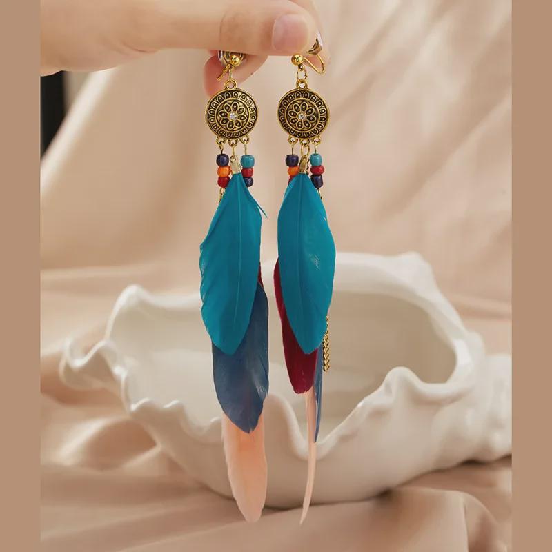 Ethnic Feather Earrings: Retro, Face-Slimming, Clip-On, No Piercing Needed.