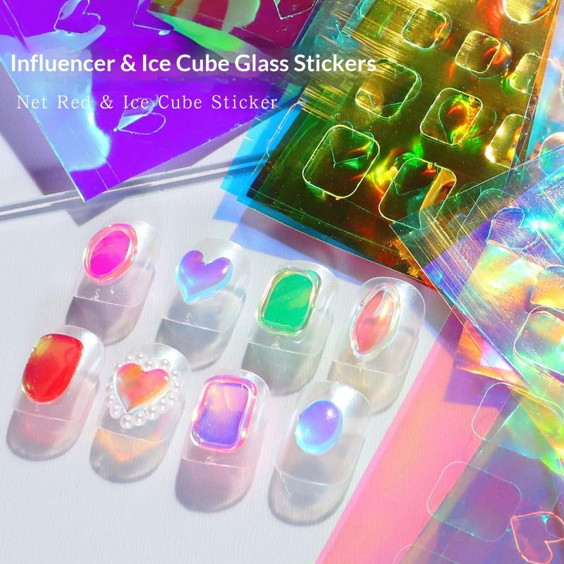 6/11 Sheets 3D Aurora Geometric Shape Ice Nail Foils Sticker Glass Paper Color Paper Nails Film Decals Cube Heart Nail Stickers