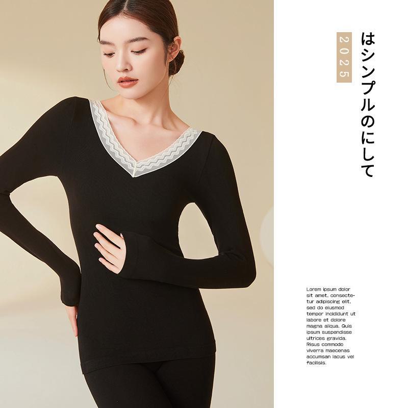 Women's V-Neck Wool Thermal Underwear Set – Seamless Slim Fit for Autumn Warmth