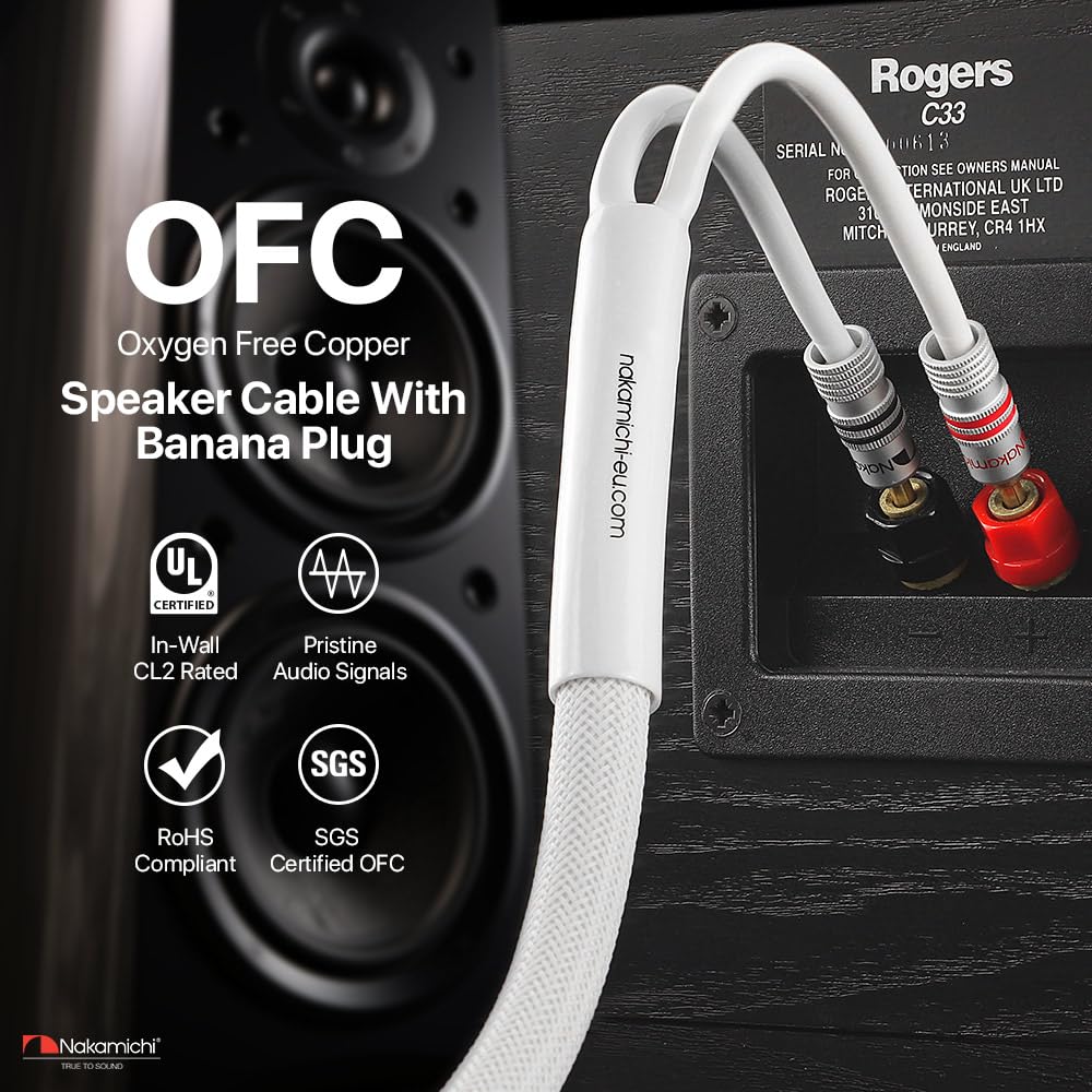 Nakamichi Excel Series 24k Gold-Plated Speaker Cable Wire with Banana Plugs, 99.9% Oxygen-Free Copper (OFC) Heavy-Duty Braided for Amplifiers, Hi-Fi,