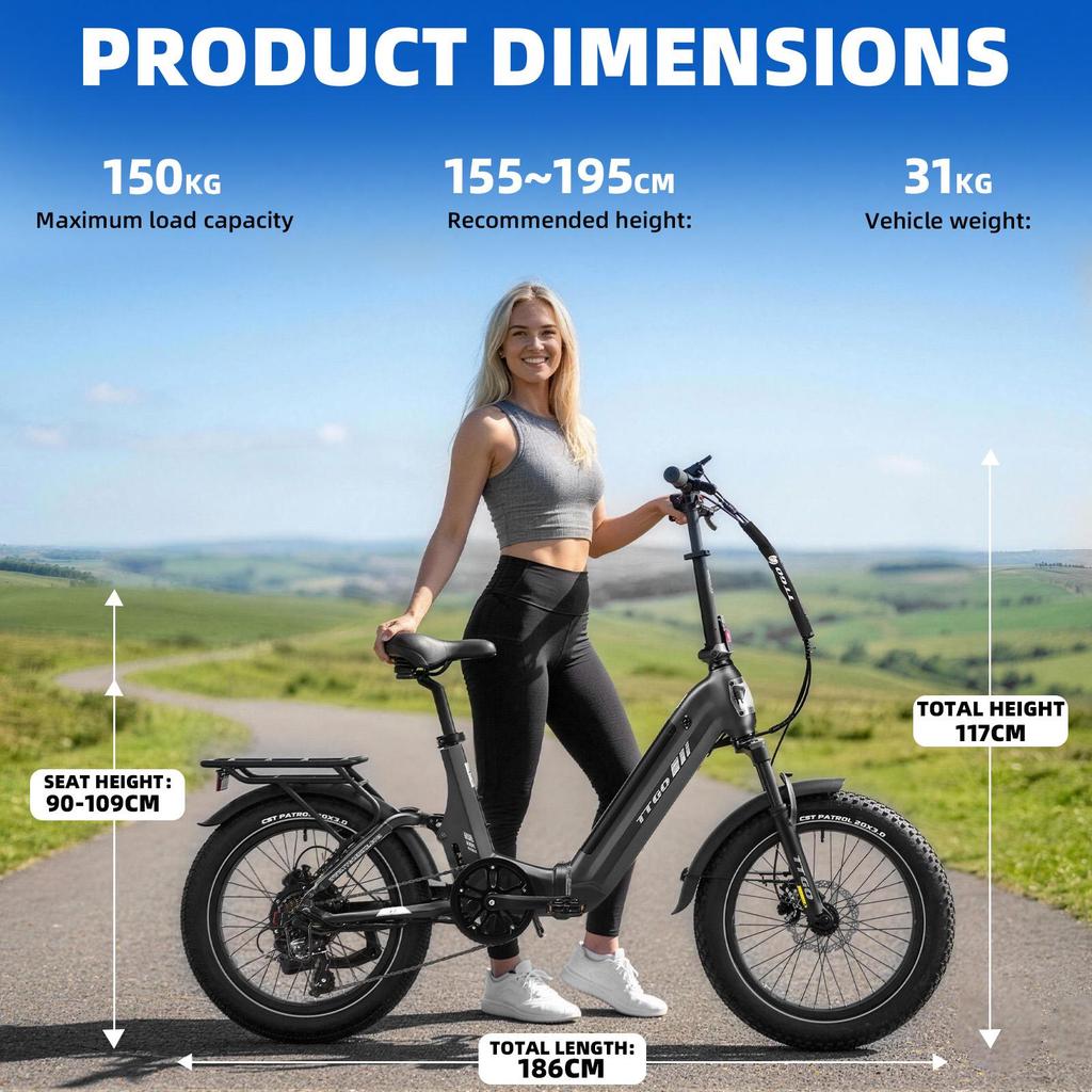 TTGO F7 Folding Electric Bike – 250W Motor – 48V 15Ah Battery – 120-140 Km Max Range – 20"×3.0" Tires – Hydraulic Brakes – Shimano 7speed