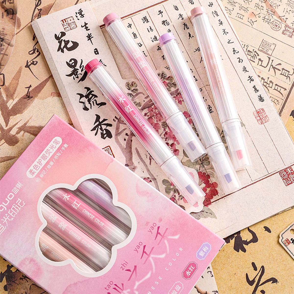 

4pcs Set Eye Protection Soft Pastel Highlighters Chinese Style Flexible Tip Watercolor Markers Artistic Student Study Supplies