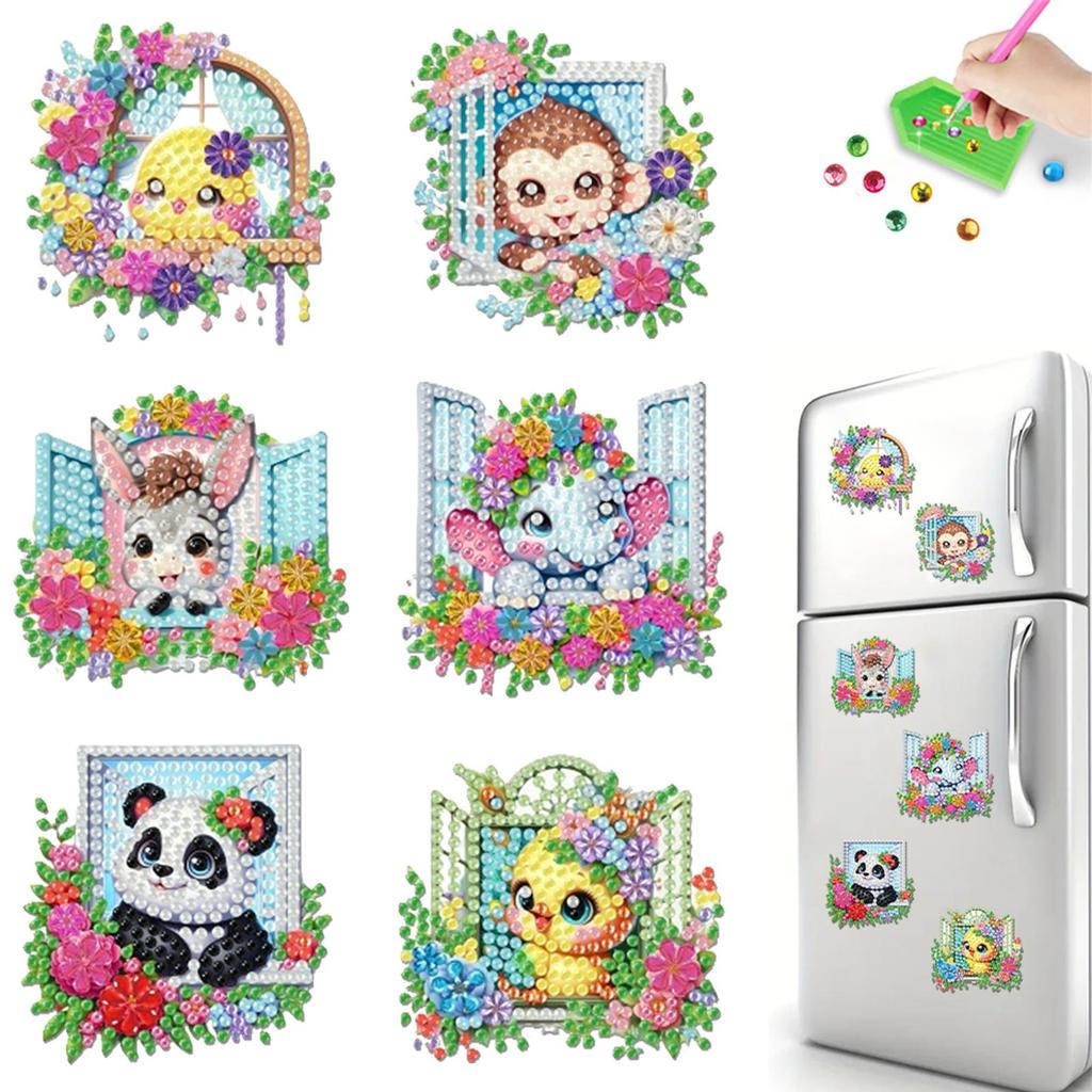 6Pcs DIY Fridge Stickers Acrylic 2D Flat Animal Diamond Art Fridge Magnet Diamond Painting Fridge Magnet for Adults Beginners