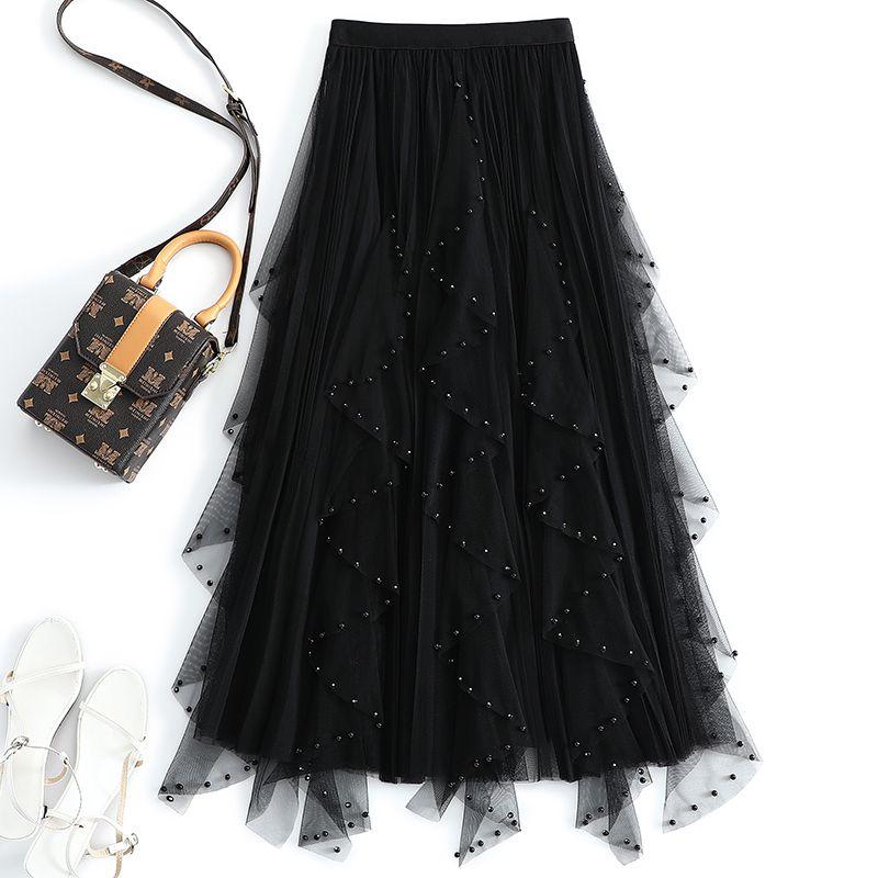 Spódnica midi z siateczki z gazy i koralików wiosenno-letniej sukience w kształcie litery A, o nieregularnym kroju, z wysokim stanem