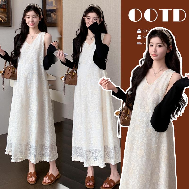2026 Spring/Summer Korean Lace Sling Dress & Sun Protection Cardigan Maternity Set L