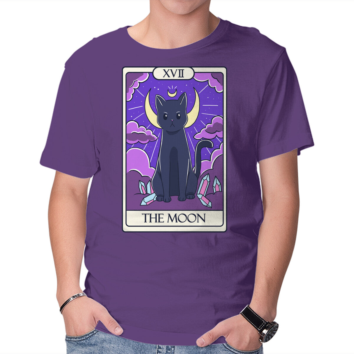Unisex Crew Neck T-Shirt Moon Cat Tarot Graphic Short Sleeve Casual Tee L