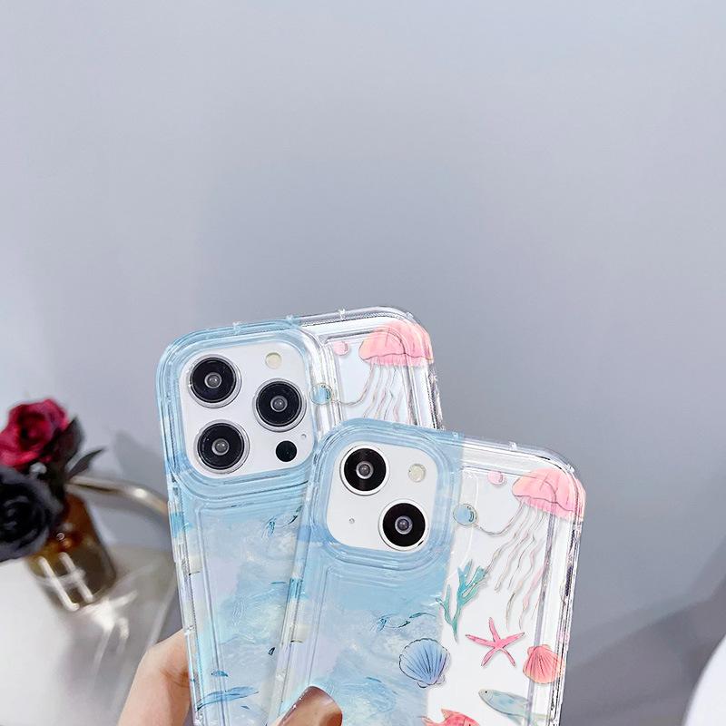 Ocean small fish jellyfish suitable for iPhone17ProMax drop mobile phone case 16Pro Apple 14 all-inclusive 13 popular