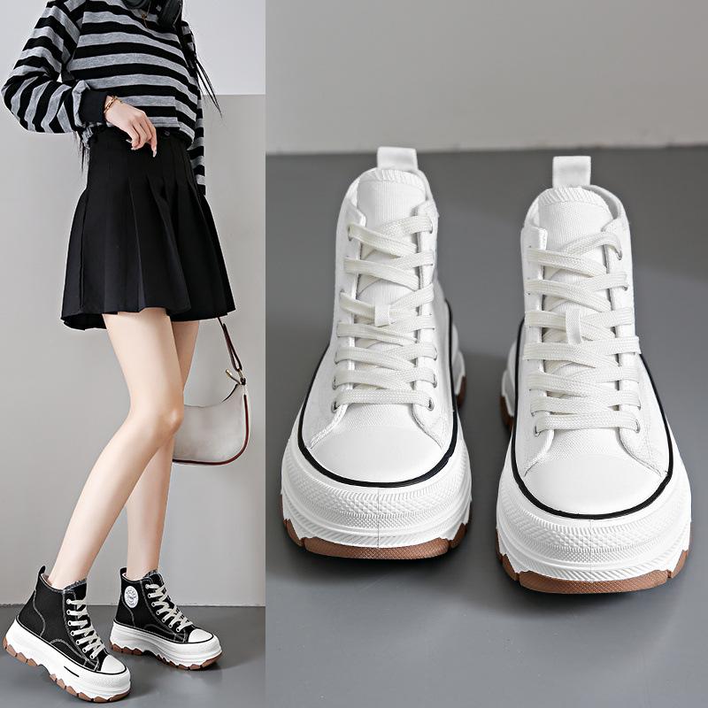 Spring Women High Top Sneakers Lace-Up Casual Plarform Height Canvas Non-slip Wear Resistant Female Vulcanize Shoes fashion