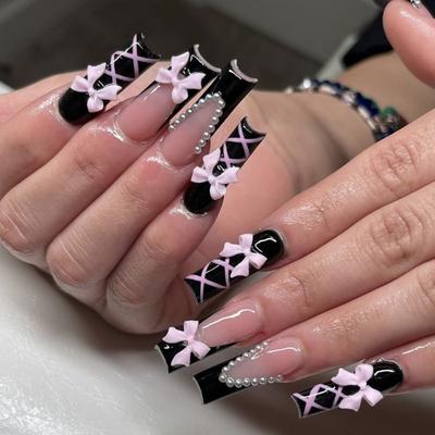 Elegante Unghia Finta Lunga Nera Stile Francese con Fiocchi Unghia Artificiale Copertura Totale Acrilico Unghia Press-on Manicure Nail Art