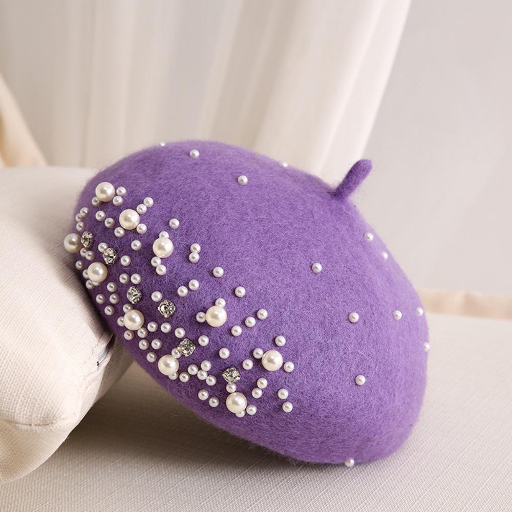 Rhinestone Wool Beret Hat Pearl Painter Hat Retro Women s Pumpkin Hat