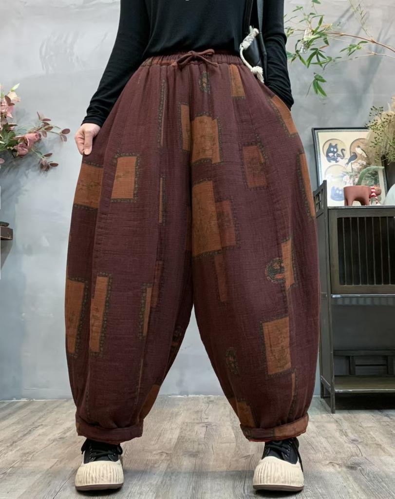 Johnature Pantalones harén con estampado de estilo vintage para mujer, pantalón holgado, informal, con cintura elástica, estilo chino, moda de invierno